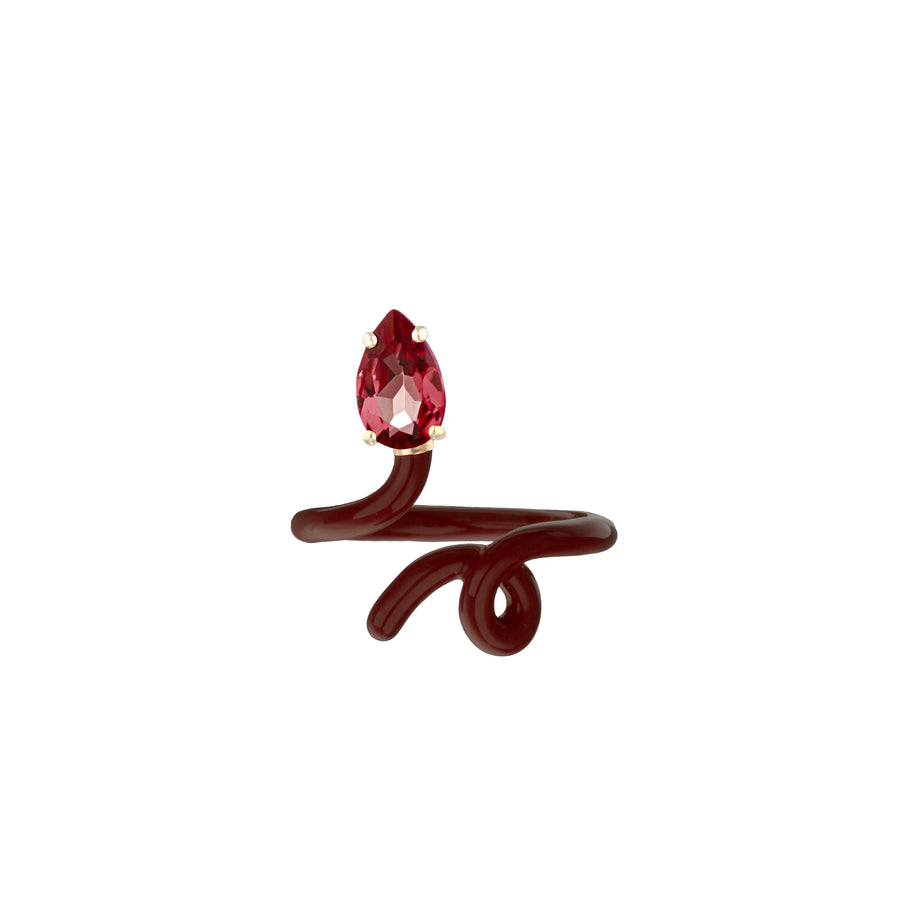 BABY VINE TENDRIL RING IN CHERRY CHOCOLATE WITH DROP CUT GARNET