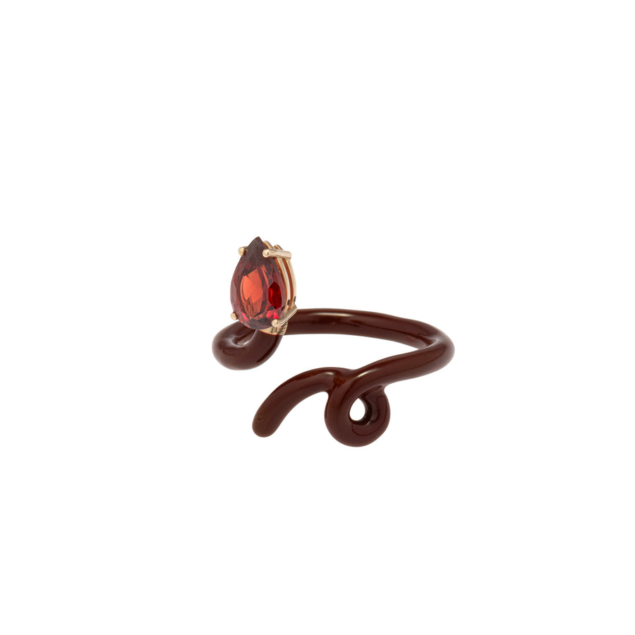 BABY VINE TENDRIL RING IN CHERRY CHOCOLATE WITH DROP CUT GARNET
