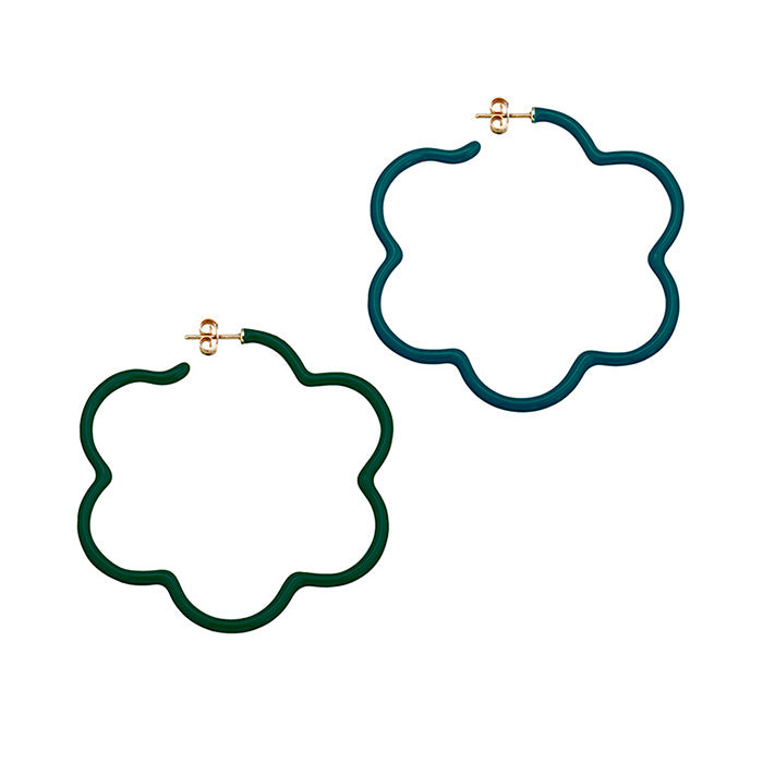 2 TONE LARGE FLOWER POWER EARRINGS IN TEAL AND EMERALD GREEN