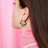 2 TONE ASYMMETRICAL FLOWER POWER EARRINGS IN TEAL AND EMARALD GREEN