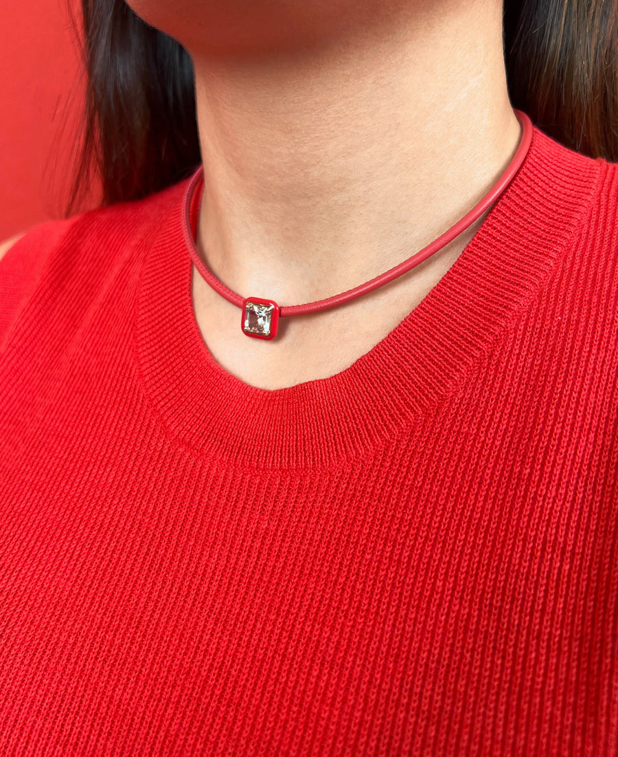 Dark Red Choker Necklace With Oxidised Metal Spikes - JewelSana