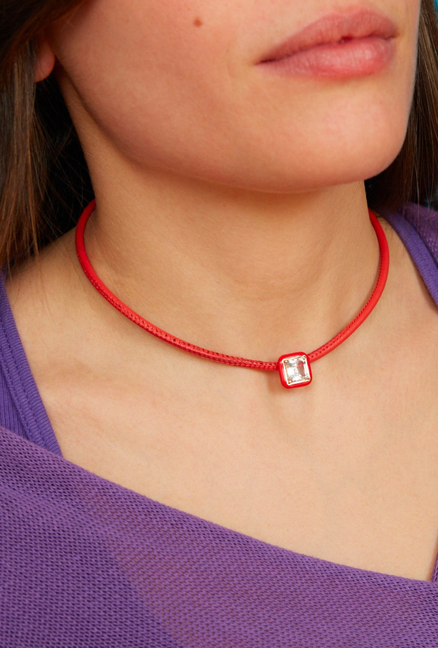 POP CHOKER WITH SQUARE IN CANDY SETTING IN RED